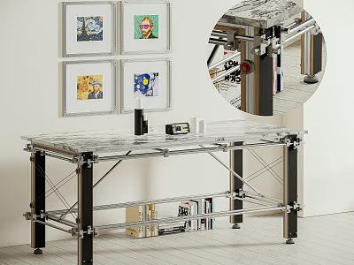 Modern Clear Top Desk With Sturdy Metal Frame Framed Artworks And Books Below 3d model