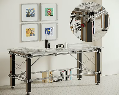 Modern Clear Top Desk With Sturdy Metal Frame Framed Artworks And Books Below 3d model