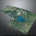 3D Topographic Terrain Model Featuring Mountains Blue Lake And Lush Green Vegetation