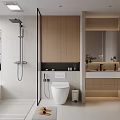Modern Bathroom Interior Design With Glass Shower Wooden Cabinets Vanity Mirror And Window Blinds