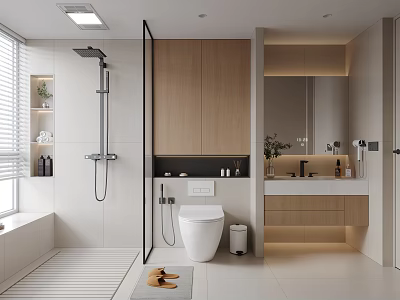 Modern Bathroom Interior Design With Glass Shower Wooden Cabinets Vanity Mirror And Window Blinds 3d model
