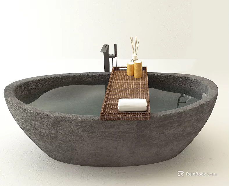 Round Concrete Bathtub Interior Design With Woven Platform Aromatherapy Bottles And White Towel 3d model 