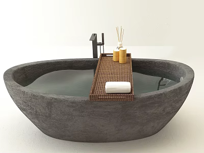 Round Concrete Bathtub Interior Design With Woven Platform Aromatherapy Bottles And White Towel 3d model