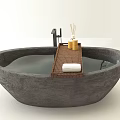 Round Concrete Bathtub Interior Design With Woven Platform Aromatherapy Bottles And White Towel