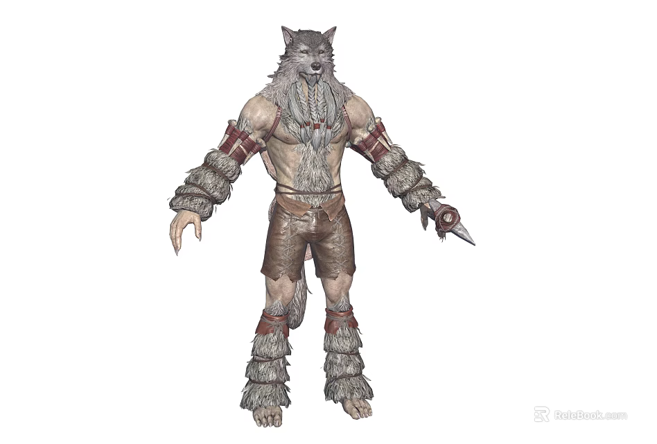 Game Movie Character With Wolf Like Head Gray Fur Beard Leather Armor And Claw Weapon 3d model 