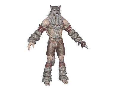 Game Movie Character With Wolf Like Head Gray Fur Beard Leather Armor And Claw Weapon 3d model