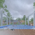 Outdoor Swimming Pool With Wooden Deck People Swimming And Trees Under Sunset Sky