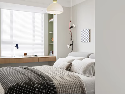 Modern Kids Room Interior With White Window Desk Bookshelf Bedside Lamp And Gray White Bedding 3d model