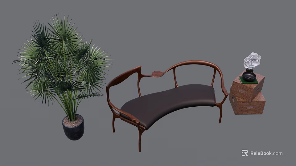 Stylish Wooden Frame Sofa Combination With Dark Cushion Palm Plant And Decorative Sculpture 3d model 
