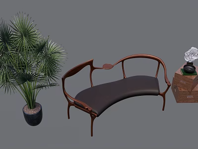 Stylish Wooden Frame Sofa Combination With Dark Cushion Palm Plant And Decorative Sculpture 3d model