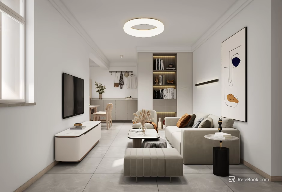 Modern Minimalist Living and Dining Area Interior With TV Wall Sofa Coffee Table and Cabinets 3d model 