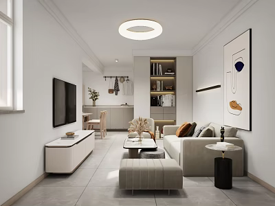 Modern Minimalist Living and Dining Area Interior With TV Wall Sofa Coffee Table and Cabinets 3d model