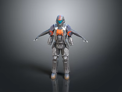 Game And Movie Character In Gray Orange Blue Armored Suit With Helmet And Mechanical Parts 3d model
