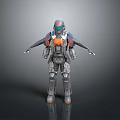 Game And Movie Character In Gray Orange Blue Armored Suit With Helmet And Mechanical Parts