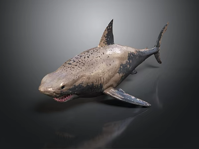 Grayish Brown Spotted Shark Model With Open Mouth Sharp Teeth On Dark Background With Reflection 3d model