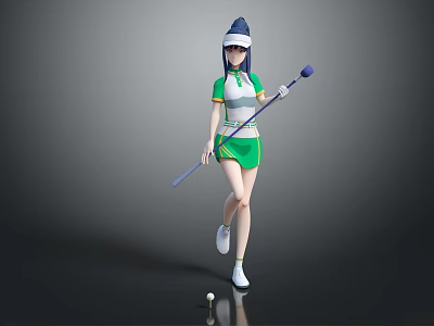 3D Female Character In Green White Sportswear With Golf Club And Ball On Gray Background 3d model