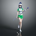 3D Female Character In Green White Sportswear With Golf Club And Ball On Gray Background