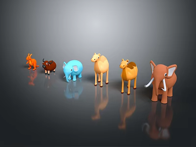 Colorful Animal Figurines Arranged on Black Reflective Surface with Gradient Background 3d model