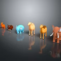 Colorful Animal Figurines Arranged on Black Reflective Surface with Gradient Background 3d model