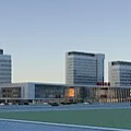 Modern Hospital Building With High Rise Structure Glass Curtain Walls And Main Entrance Signage