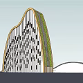 Modern Curved Office Building With Glass Curtain Wall And Yellow Brown Windows