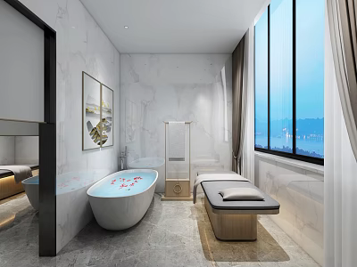 Modern SPA Sauna Interior with Flower Decorated Bathtub Massage Bed Large Windows and City View 3d model