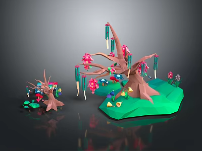 Colorful Cartoon Trees with Pink Flowers Green Base and Colorful Decorations in 3D Design 3d model