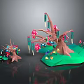 Colorful Cartoon Trees with Pink Flowers Green Base and Colorful Decorations in 3D Design
