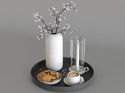 White Ceramic Vase With White Flower Branches On Tray With Cookies Coffee And Candle 3d model