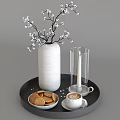 White Ceramic Vase With White Flower Branches On Tray With Cookies Coffee And Candle