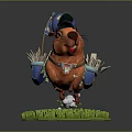 Playful Orange Rodent Game Character With Blue Hat Basket Small Flag On Green Grass