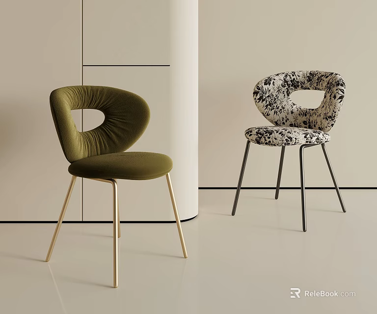 Modern Luxury Fabric Upholstered Dining Chairs With Hollow Backrest And Sleek Slim Metal Legs 3d model 