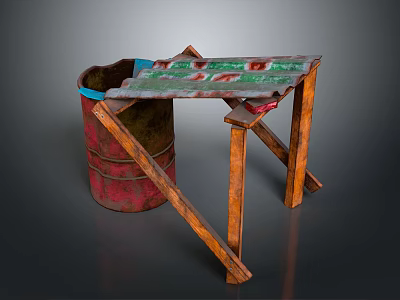Rustic Handmade Table Featuring Red Metal Barrel Base And Colorful Wooden Top 3d model