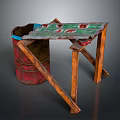 Rustic Handmade Table Featuring Red Metal Barrel Base And Colorful Wooden Top