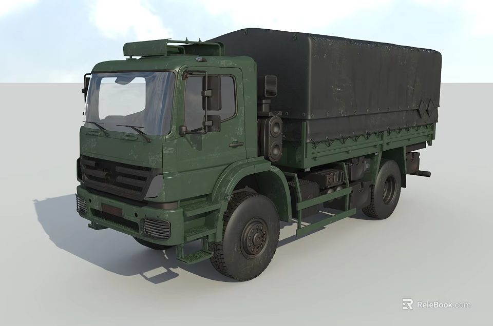 Green Military Transport Truck With Canvas Covered Cargo Area And Cab 3d model 