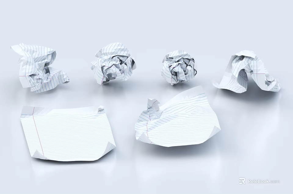 Crumpled Paper Balls and Folded Lined Notebook Sheets on White Surface 3d model 