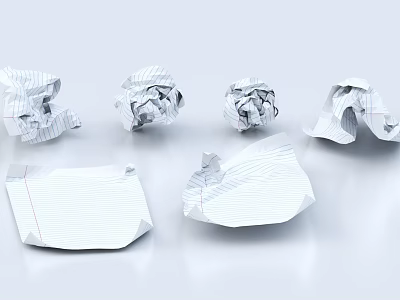 Crumpled Paper Balls and Folded Lined Notebook Sheets on White Surface 3d model