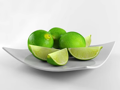 Fresh Green Limes With Whole And Sliced Wedges On White Plate 3d model