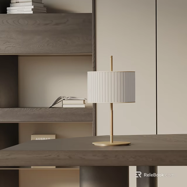 Modern Gold Base Table Lamp With White Striped Lampshade On Wooden Table 3d model 