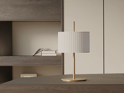 Modern Gold Base Table Lamp With White Striped Lampshade On Wooden Table 3d model