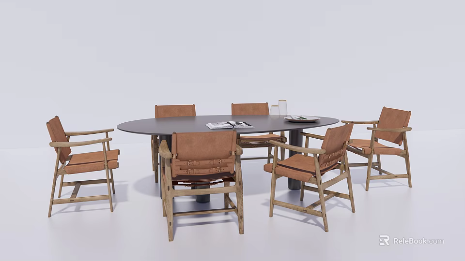 Stylish Round Dining Table Set With Wooden Frame Brown Upholstered Chairs 3d model