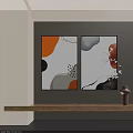 Modern Abstract Paintings With Curved Lines Orange Blue Gray Shapes And Wooden Shelf Decor
