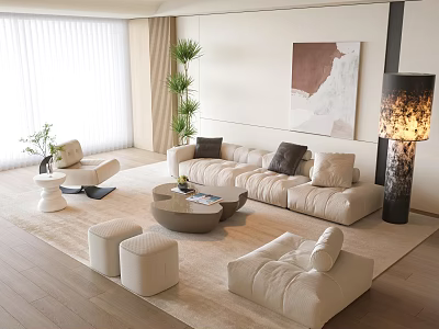 Modern Beige Sofa Coffee Table Set With Armchairs Stools Plant Floor Lamp And Artwork 3d model