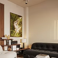 Modern Living Dining Room Interior With Wooden Furniture White Armchair Stacked Books And Pendant Lights