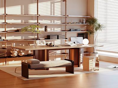 Modern Wooden Desk Interior With Open Bookshelves Plants Office Supplies Natural Light And Bench 3d model