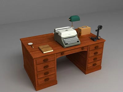 Vintage Wooden Desk With Typewriter Table Lamp Notebook Magnifying Glass And Small Box 3d model