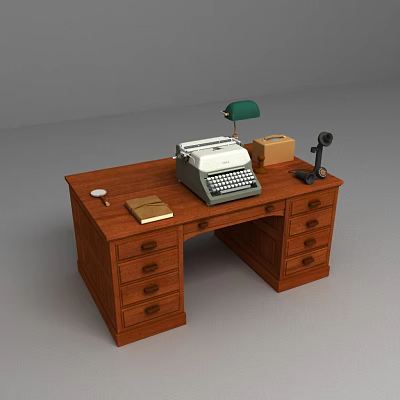 Vintage Wooden Desk With Typewriter Table Lamp Notebook Magnifying Glass And Small Box 3d model