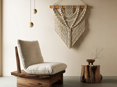 Wooden Frame Lounge Chair With Light Cushion And Macramé Wall Hanging By Wooden Stump Table 3d model