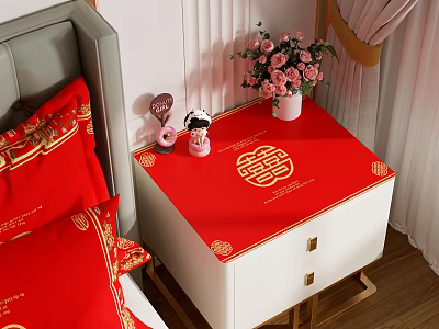 White Bedside Table With Red Tablecloth Golden Double Happiness Symbol Pink Flowers And Piggy Doll 3d model