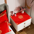 White Bedside Table With Red Tablecloth Golden Double Happiness Symbol Pink Flowers And Piggy Doll